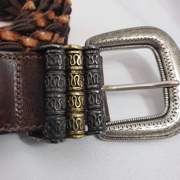 VINTAGE Streets Ahead Woven Leather Mixed Metal Belt 39" Brown Silver Gold Tone - Picture 2 of 6